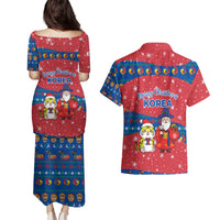 Korea Christmas Couples Matching Puletasi and Hawaiian Shirt with Santa in Hanbok Tiger Character and Traditional Mask Pattern Design - Wonder Print Shop