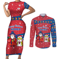 Korea Christmas Couples Matching Short Sleeve Bodycon Dress and Long Sleeve Button Shirt with Santa in Hanbok Tiger Character and Traditional Mask Pattern Design - Wonder Print Shop