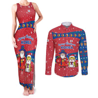 Korea Christmas Couples Matching Tank Maxi Dress and Long Sleeve Button Shirt with Santa in Hanbok Tiger Character and Traditional Mask Pattern Design - Wonder Print Shop