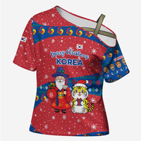 Korea Christmas Cross Shoulder Shirt with Santa in Hanbok Tiger Character and Traditional Mask Pattern Design - Wonder Print Shop
