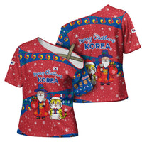 Korea Christmas Cross Shoulder Shirt with Santa in Hanbok Tiger Character and Traditional Mask Pattern Design - Wonder Print Shop