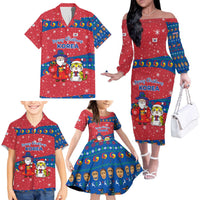 Korea Christmas Family Matching Off The Shoulder Long Sleeve Dress and Hawaiian Shirt with Santa in Hanbok Tiger Character and Traditional Mask Pattern Design - Wonder Print Shop