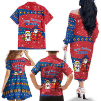 Korea Christmas Family Matching Off The Shoulder Long Sleeve Dress and Hawaiian Shirt with Santa in Hanbok Tiger Character and Traditional Mask Pattern Design - Wonder Print Shop