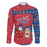 Korea Christmas Family Matching Off The Shoulder Long Sleeve Dress and Hawaiian Shirt with Santa in Hanbok Tiger Character and Traditional Mask Pattern Design - Wonder Print Shop