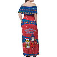 Korea Christmas Family Matching Off Shoulder Maxi Dress and Hawaiian Shirt with Santa in Hanbok Tiger Character and Traditional Mask Pattern Design - Wonder Print Shop