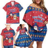 Korea Christmas Family Matching Off Shoulder Short Dress and Hawaiian Shirt with Santa in Hanbok Tiger Character and Traditional Mask Pattern Design - Wonder Print Shop