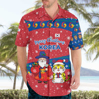 Korea Christmas Hawaiian Shirt with Santa in Hanbok Tiger Character and Traditional Mask Pattern Design - Wonder Print Shop