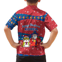 Korea Christmas Kid Hawaiian Shirt with Santa in Hanbok Tiger Character and Traditional Mask Pattern Design - Wonder Print Shop