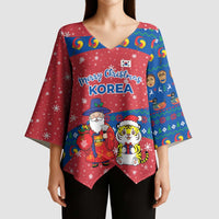 Korea Christmas Kimono Sleeve Blouse with Santa in Hanbok Tiger Character and Traditional Mask Pattern Design - Wonder Print Shop