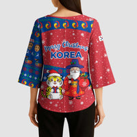 Korea Christmas Kimono Sleeve Blouse with Santa in Hanbok Tiger Character and Traditional Mask Pattern Design - Wonder Print Shop