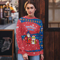 Korea Christmas Ugly Christmas Sweater with Santa in Hanbok Tiger Character and Traditional Mask Pattern Design - Wonder Print Shop