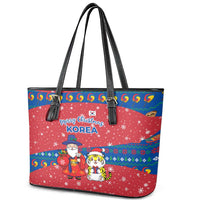 Korea Christmas Leather Tote Bag with Santa in Hanbok Tiger Character and Traditional Mask Pattern Design - Wonder Print Shop