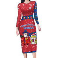 Korea Christmas Long Sleeve Bodycon Dress with Santa in Hanbok Tiger Character and Traditional Mask Pattern Design - Wonder Print Shop