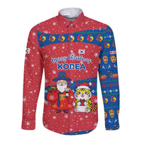 Korea Christmas Long Sleeve Button Shirt with Santa in Hanbok Tiger Character and Traditional Mask Pattern Design - Wonder Print Shop