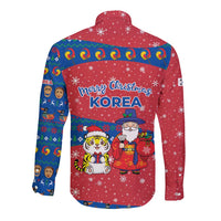 Korea Christmas Long Sleeve Button Shirt with Santa in Hanbok Tiger Character and Traditional Mask Pattern Design - Wonder Print Shop