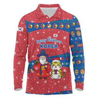 Korea Christmas Long Sleeve Polo Shirt with Santa in Hanbok Tiger Character and Traditional Mask Pattern Design - Wonder Print Shop