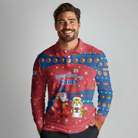 Korea Christmas Long Sleeve Polo Shirt with Santa in Hanbok Tiger Character and Traditional Mask Pattern Design - Wonder Print Shop