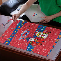 Korea Christmas Puzzle with Santa in Hanbok Tiger Character and Traditional Mask Pattern Design - Wonder Print Shop