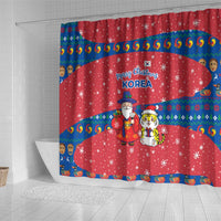 Korea Christmas Shower Curtain with Santa in Hanbok Tiger Character and Traditional Mask Pattern Design - Wonder Print Shop