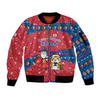 Korea Christmas Sleeve Zip Bomber Jacket with Santa in Hanbok Tiger Character and Traditional Mask Pattern Design - Wonder Print Shop