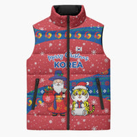 Korea Christmas Sleeveless Puffer Jacket with Santa in Hanbok Tiger Character and Traditional Mask Pattern Design - Wonder Print Shop