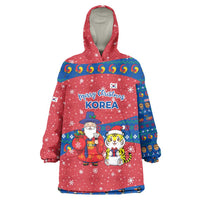 Korea Christmas Wearable Blanket Hoodie with Santa in Hanbok Tiger Character and Traditional Mask Pattern Design - Wonder Print Shop