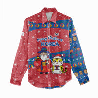 Korea Christmas Women Casual Shirt with Santa in Hanbok Tiger Character and Traditional Mask Pattern Design - Wonder Print Shop