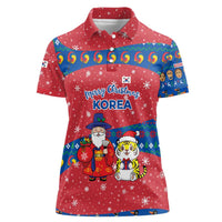 Korea Christmas Women Polo Shirt with Santa in Hanbok Tiger Character and Traditional Mask Pattern Design - Wonder Print Shop