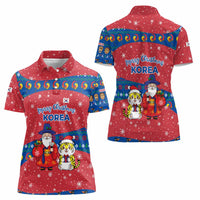Korea Christmas Women Polo Shirt with Santa in Hanbok Tiger Character and Traditional Mask Pattern Design - Wonder Print Shop