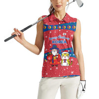 Korea Christmas Women Sleeveless Polo Shirt with Santa in Hanbok Tiger Character and Traditional Mask Pattern Design - Wonder Print Shop