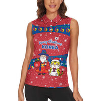 Korea Christmas Women Sleeveless Polo Shirt with Santa in Hanbok Tiger Character and Traditional Mask Pattern Design - Wonder Print Shop