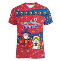 Korea Christmas Women V-Neck T-Shirt with Santa in Hanbok Tiger Character and Traditional Mask Pattern Design - Wonder Print Shop