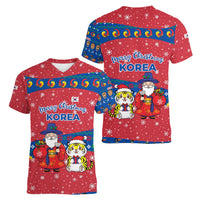 Korea Christmas Women V-Neck T-Shirt with Santa in Hanbok Tiger Character and Traditional Mask Pattern Design - Wonder Print Shop