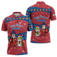 Korea Christmas Zipper Polo Shirt with Santa in Hanbok Tiger Character and Traditional Mask Pattern Design - Wonder Print Shop
