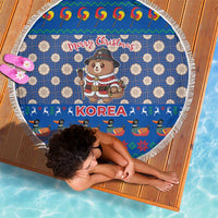 Korea Christmas Beach Blanket with Bear in Hanbok National Emblem and Traditional Boat Pattern Design - Wonder Print Shop