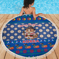 Korea Christmas Beach Blanket with Bear in Hanbok National Emblem and Traditional Boat Pattern Design - Wonder Print Shop
