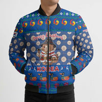 Korea Christmas Bomber Puffer Jacket with Bear in Hanbok National Emblem and Traditional Boat Pattern Design - Wonder Print Shop