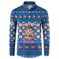 Korea Christmas Button Sweatshirt with Bear in Hanbok National Emblem and Traditional Boat Pattern Design - Wonder Print Shop