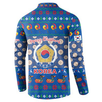 Korea Christmas Button Sweatshirt with Bear in Hanbok National Emblem and Traditional Boat Pattern Design - Wonder Print Shop