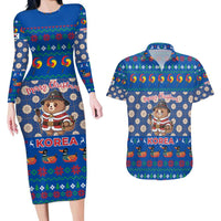 Korea Christmas Couples Matching Long Sleeve Bodycon Dress and Hawaiian Shirt with Bear in Hanbok National Emblem and Traditional Boat Pattern Design - Wonder Print Shop