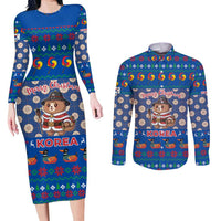 Korea Christmas Couples Matching Long Sleeve Bodycon Dress and Long Sleeve Button Shirt with Bear in Hanbok National Emblem and Traditional Boat Pattern Design - Wonder Print Shop