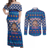 Korea Christmas Couples Matching Off Shoulder Maxi Dress and Long Sleeve Button Shirt with Bear in Hanbok National Emblem and Traditional Boat Pattern Design - Wonder Print Shop
