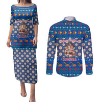 Korea Christmas Couples Matching Puletasi and Long Sleeve Button Shirt with Bear in Hanbok National Emblem and Traditional Boat Pattern Design - Wonder Print Shop