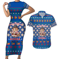 Korea Christmas Couples Matching Short Sleeve Bodycon Dress and Hawaiian Shirt with Bear in Hanbok National Emblem and Traditional Boat Pattern Design - Wonder Print Shop