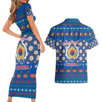 Korea Christmas Couples Matching Short Sleeve Bodycon Dress and Hawaiian Shirt with Bear in Hanbok National Emblem and Traditional Boat Pattern Design - Wonder Print Shop