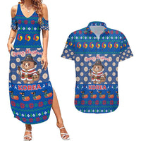Korea Christmas Couples Matching Summer Maxi Dress and Hawaiian Shirt with Bear in Hanbok National Emblem and Traditional Boat Pattern Design - Wonder Print Shop