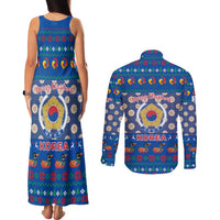 Korea Christmas Couples Matching Tank Maxi Dress and Long Sleeve Button Shirt with Bear in Hanbok National Emblem and Traditional Boat Pattern Design - Wonder Print Shop