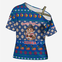 Korea Christmas Cross Shoulder Shirt with Bear in Hanbok National Emblem and Traditional Boat Pattern Design - Wonder Print Shop