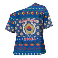 Korea Christmas Cross Shoulder Shirt with Bear in Hanbok National Emblem and Traditional Boat Pattern Design - Wonder Print Shop