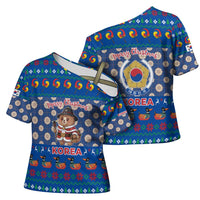 Korea Christmas Cross Shoulder Shirt with Bear in Hanbok National Emblem and Traditional Boat Pattern Design - Wonder Print Shop